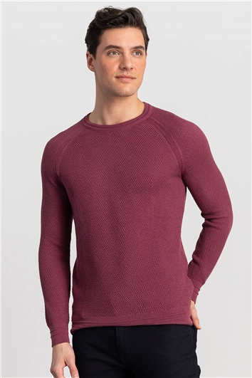 Erkek Slim Fit Bisiklet Yaka Kendinden Desenli Bordo Triko Kazak