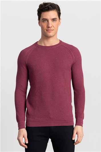 Erkek Slim Fit Bisiklet Yaka Kendinden Desenli Bordo Triko Kazak