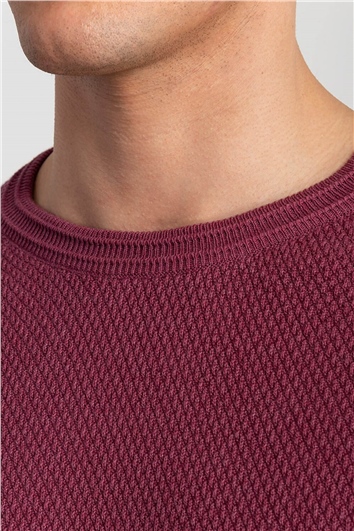 Erkek Slim Fit Bisiklet Yaka Kendinden Desenli Bordo Triko Kazak