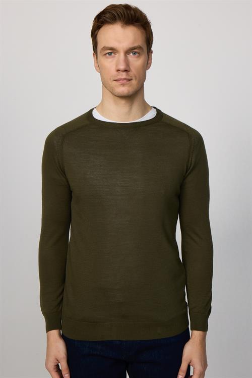 Erkek Slim Fit Bisiklet Yaka Düz Yün Haki Triko Kazak
