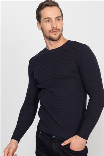 Erkek Slim Fit Armürlü Lacivert Triko Kazak