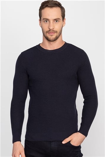 Erkek Slim Fit Armürlü Lacivert Triko Kazak