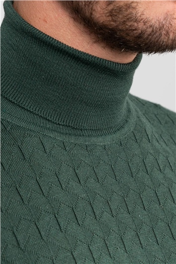 Erkek Slim Fit Tam Balıkçı Yaka İnce Yün Yeşil Triko Kazak