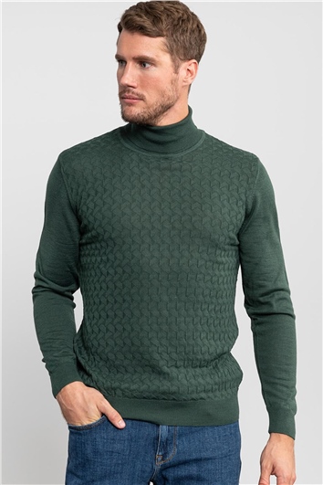 Erkek Slim Fit Tam Balıkçı Yaka İnce Yün Yeşil Triko Kazak