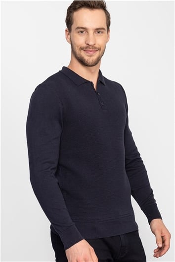 Erkek Slim Fit Dar Kesim Polo Yaka Armürlü Lacivert Triko Kazak