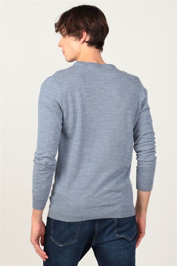 Erkek Slim Fit Bisiklet Yaka Kendinden Desenli İndigo Triko Kazak
