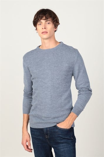 Erkek Slim Fit Bisiklet Yaka Kendinden Desenli İndigo Triko Kazak
