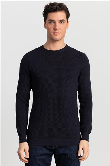 Erkek Slim Fit Kendinden Desenli Lacivert Triko Kazak