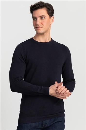 Erkek Slim Fit Kendinden Desenli Lacivert Triko Kazak