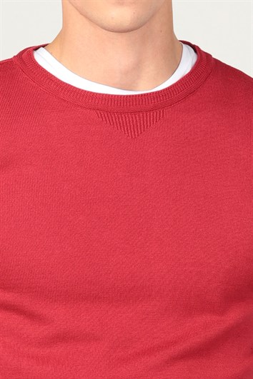 Erkek Standart Fit Normal Kesim Bisiklet Yaka Kırmızı Triko Kazak