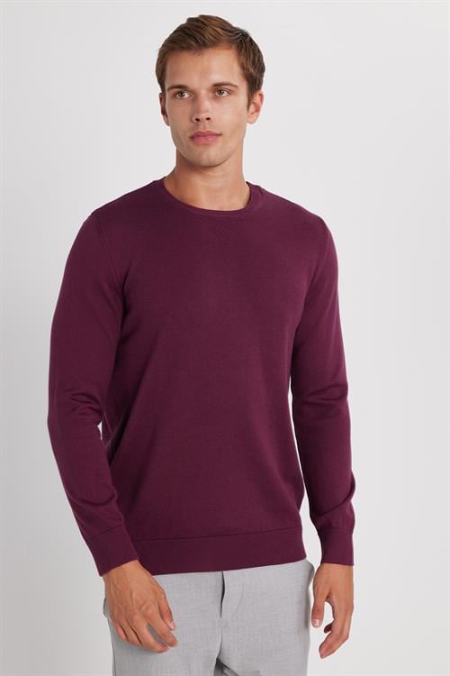 Erkek Standart Fit Normal Kesim Bisiklet Yaka Bordo Triko Kazak