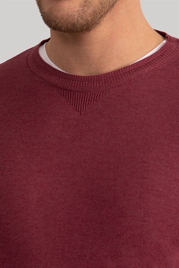 Erkek Standart Fit Normal Kesim Bisiklet Yaka Bordo Triko Kazak