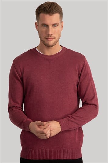 Erkek Standart Fit Normal Kesim Bisiklet Yaka Bordo Triko Kazak