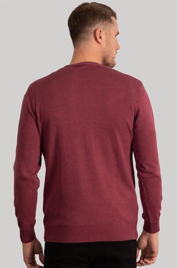 Erkek Standart Fit Normal Kesim Bisiklet Yaka Bordo Triko Kazak