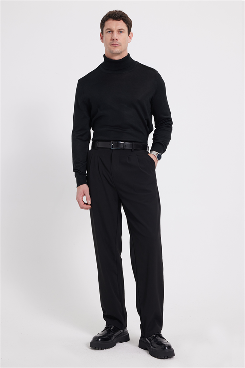 Erkek Slim Fit Tam Boğazlı Yaka Düz Yün Triko Kazak
