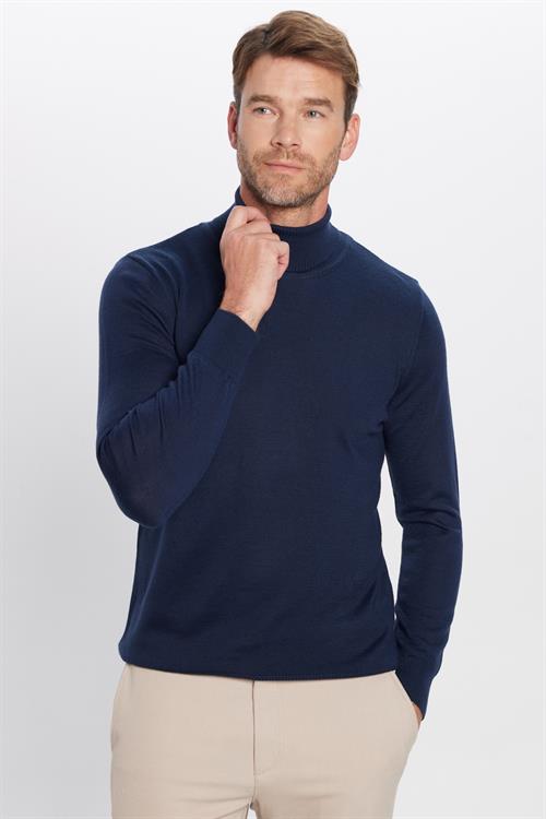 Erkek Slim Fit Tam Boğazlı Yaka Düz Yün Lacivert Triko Kazak