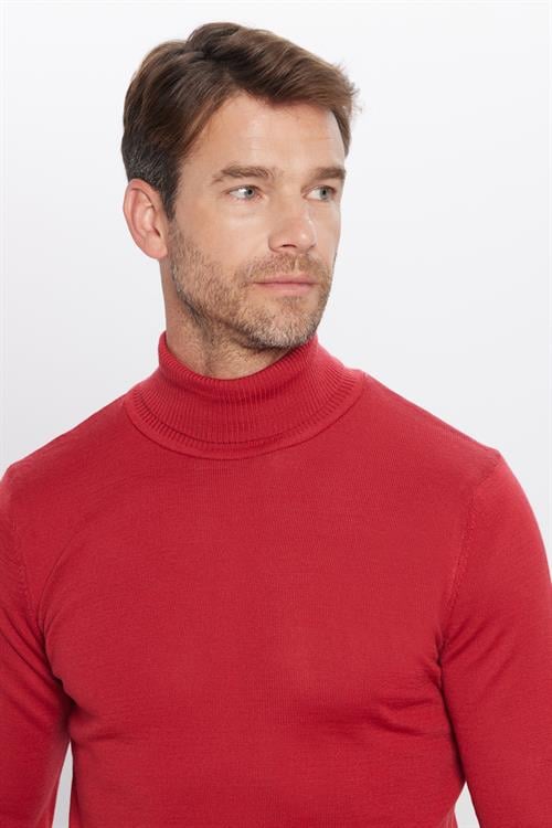 Erkek Slim Fit Dar Kesim Tam Boğazlı Yaka Düz Yün Kırmızı Triko Kazak