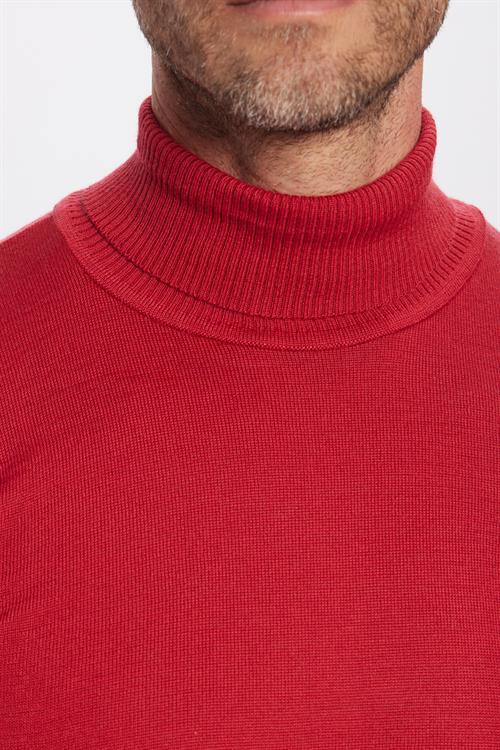 Erkek Slim Fit Dar Kesim Tam Boğazlı Yaka Düz Yün Kırmızı Triko Kazak