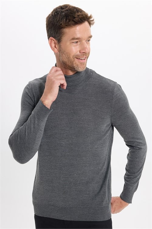 Erkek Slim Fit Tam Boğazlı Yaka Düz Yün Gri Triko Kazak
