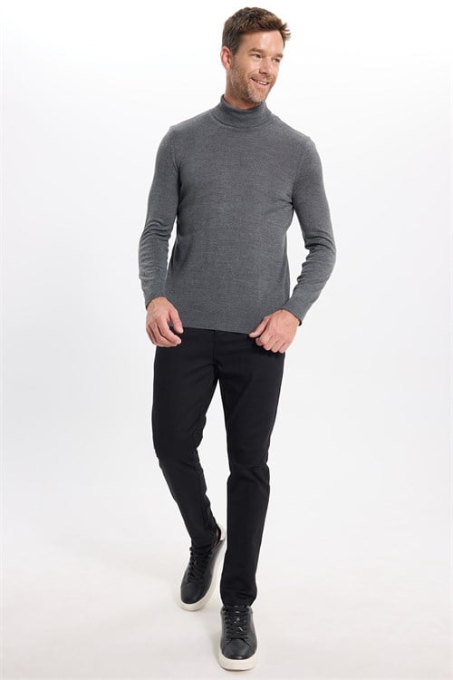 Erkek Slim Fit Tam Boğazlı Yaka Düz Yün Gri Triko Kazak