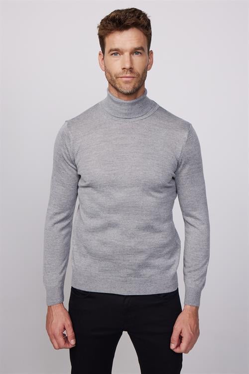 Erkek Slim Fit Tam Boğazlı Yaka Düz Yün Gri Triko Kazak