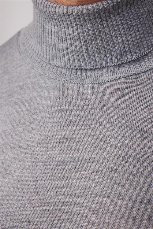 Erkek Slim Fit Tam Boğazlı Yaka Düz Yün Gri Triko Kazak