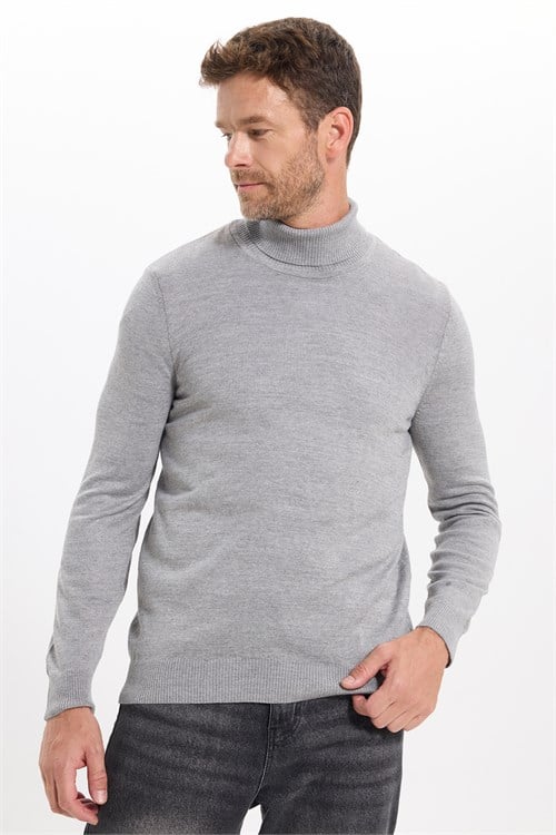 Erkek Slim Fit Tam Boğazlı Yaka Düz Yün Gri Triko Kazak