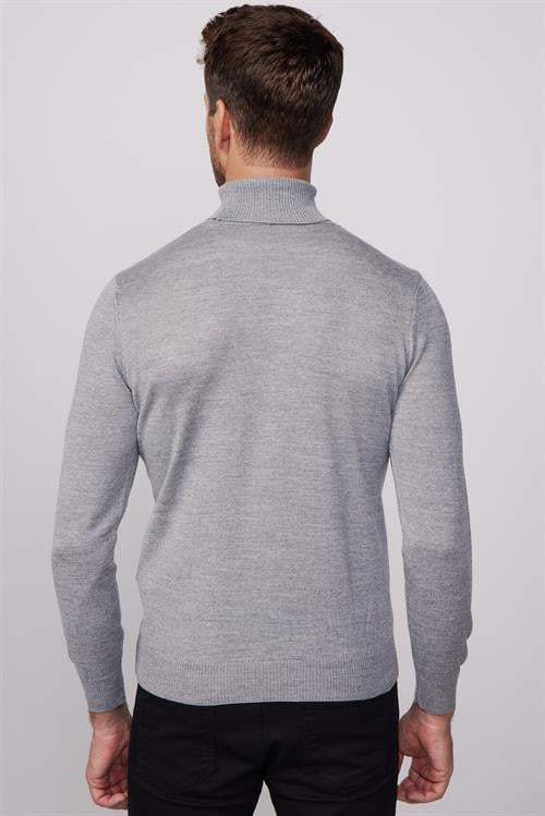 Erkek Slim Fit Tam Boğazlı Yaka Düz Yün Gri Triko Kazak