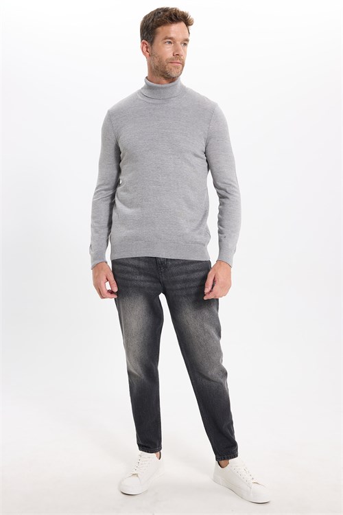 Erkek Slim Fit Tam Boğazlı Yaka Düz Yün Gri Triko Kazak