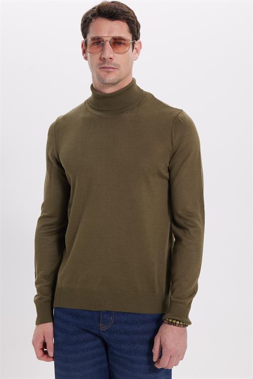 Erkek Slim Fit Tam Boğazlı Yaka Düz Yün Haki Triko Kazak