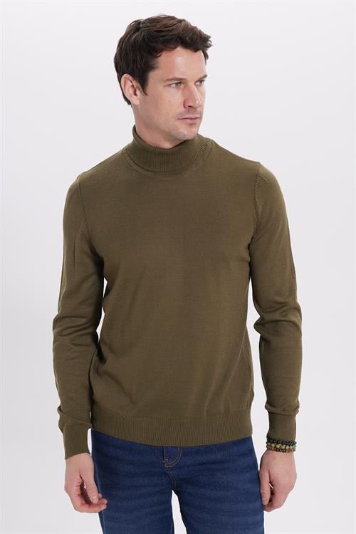 Erkek Slim Fit Tam Boğazlı Yaka Düz Yün Haki Triko Kazak