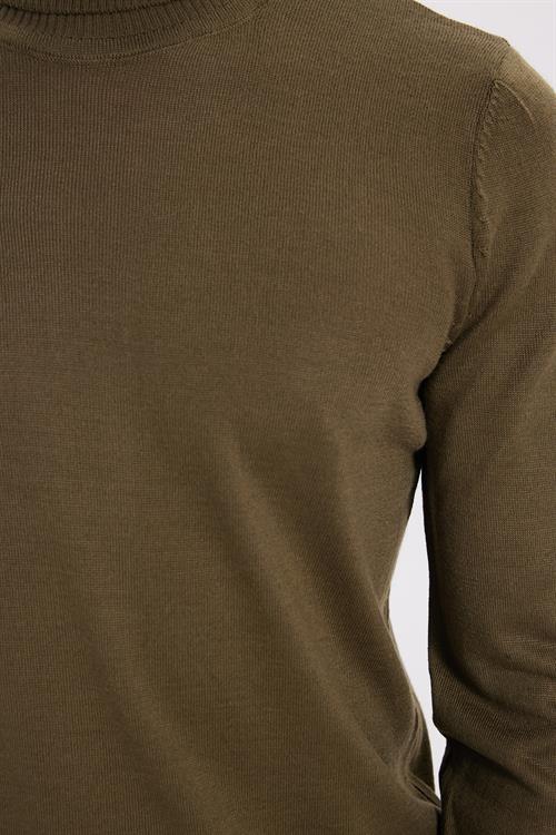 Erkek Slim Fit Tam Boğazlı Yaka Düz Yün Haki Triko Kazak
