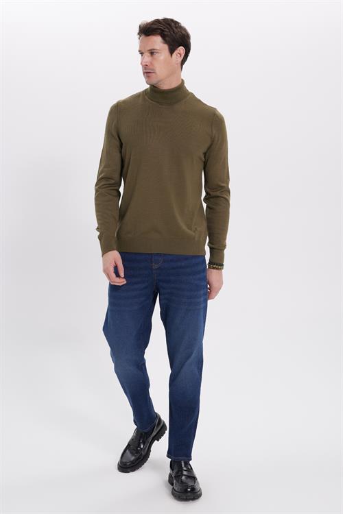 Erkek Slim Fit Tam Boğazlı Yaka Düz Yün Haki Triko Kazak