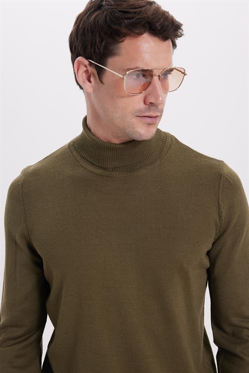 Erkek Slim Fit Tam Boğazlı Yaka Düz Yün Haki Triko Kazak