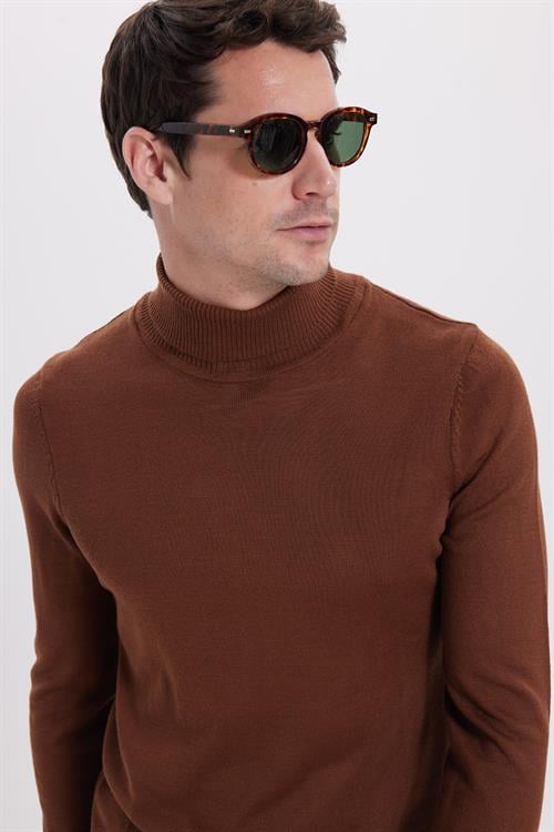 Slim Fit Tam Boğazlı Yaka Düz Yün Kahverengi Erkek Triko Kazak