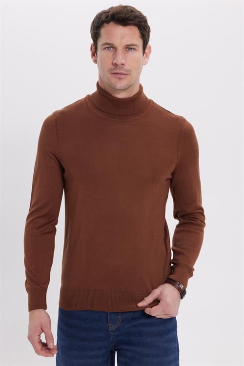 Slim Fit Tam Boğazlı Yaka Düz Yün Kahverengi Erkek Triko Kazak