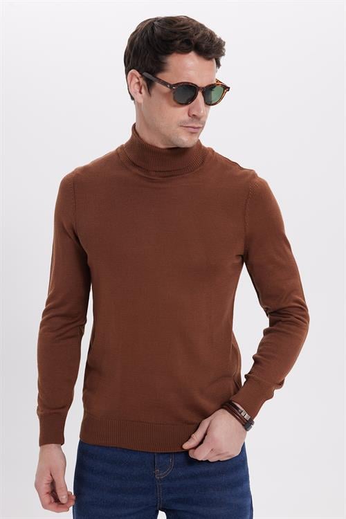 Slim Fit Tam Boğazlı Yaka Düz Yün Kahverengi Erkek Triko Kazak