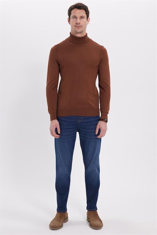 Slim Fit Tam Boğazlı Yaka Düz Yün Kahverengi Erkek Triko Kazak