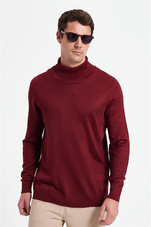 Slim Fit Tam Boğazlı Yaka Düz Yün Bordo Erkek Triko Kazak