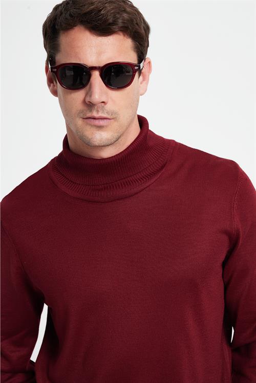 Slim Fit Tam Boğazlı Yaka Düz Yün Bordo Erkek Triko Kazak