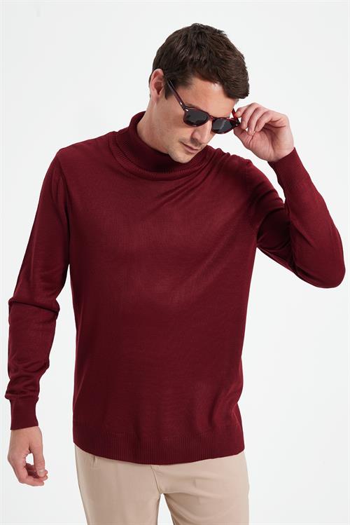 Slim Fit Tam Boğazlı Yaka Düz Yün Bordo Erkek Triko Kazak