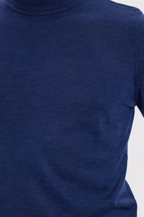Erkek Slim Fit Tam Boğazlı Yaka Düz Yün Sax Mavi Triko Kazak