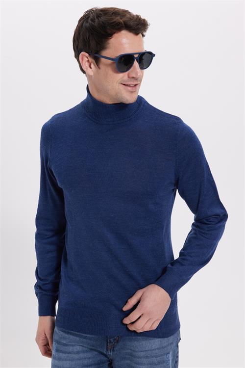 Erkek Slim Fit Tam Boğazlı Yaka Düz Yün Sax Mavi Triko Kazak