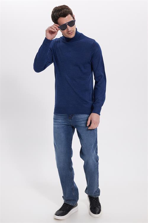 Erkek Slim Fit Tam Boğazlı Yaka Düz Yün Sax Mavi Triko Kazak