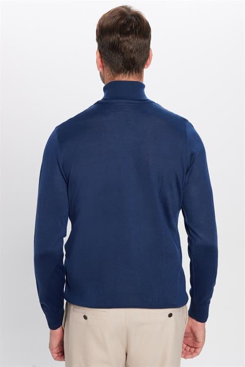 Erkek Slim Fit Tam Boğazlı Yaka Düz Yün Lacivert Triko Kazak