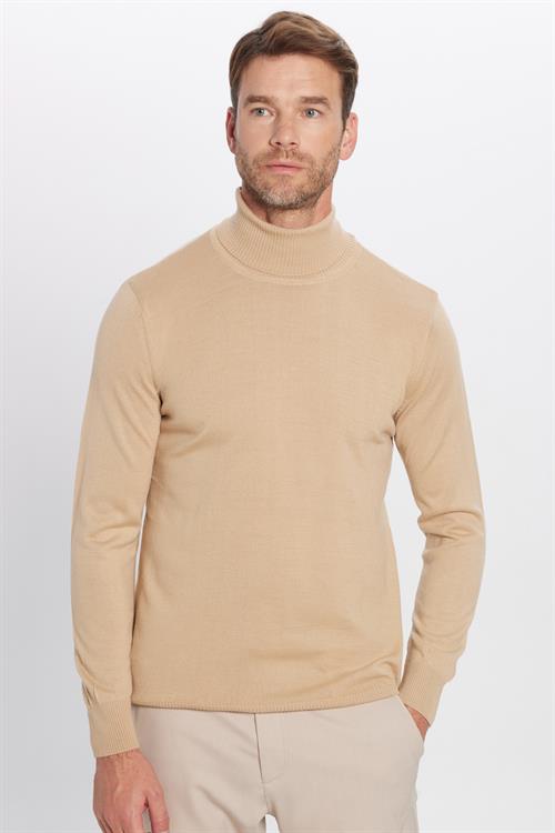 Erkek Slim Fit Dar Kesim Tam Boğazlı Yaka Düz Yün Taş Triko Kazak