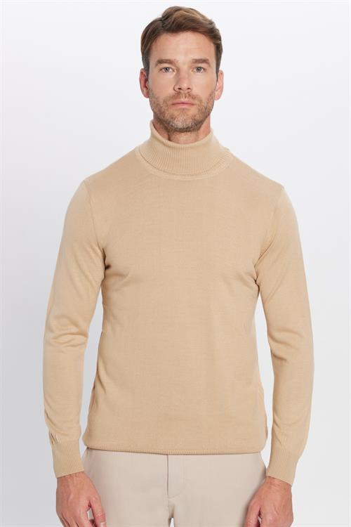 Erkek Slim Fit Dar Kesim Tam Boğazlı Yaka Düz Yün Taş Triko Kazak