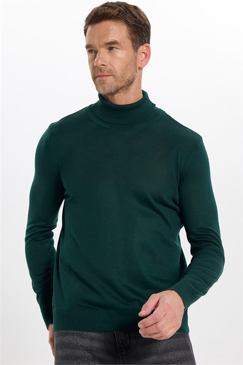 Erkek Slim Fit Tam Boğazlı Yaka Düz Yün Yeşil Triko Kazak