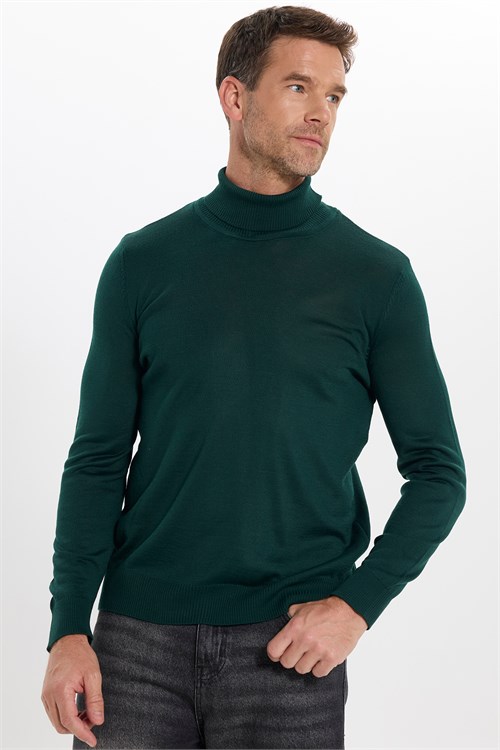 Erkek Slim Fit Tam Boğazlı Yaka Düz Yün Yeşil Triko Kazak
