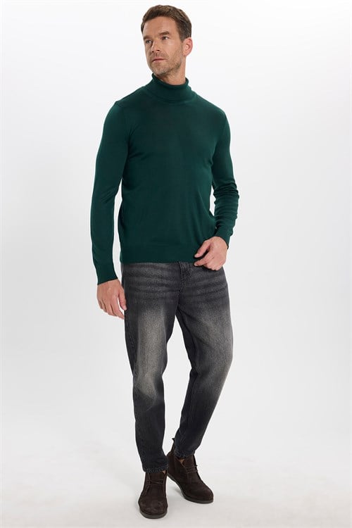Erkek Slim Fit Tam Boğazlı Yaka Düz Yün Yeşil Triko Kazak